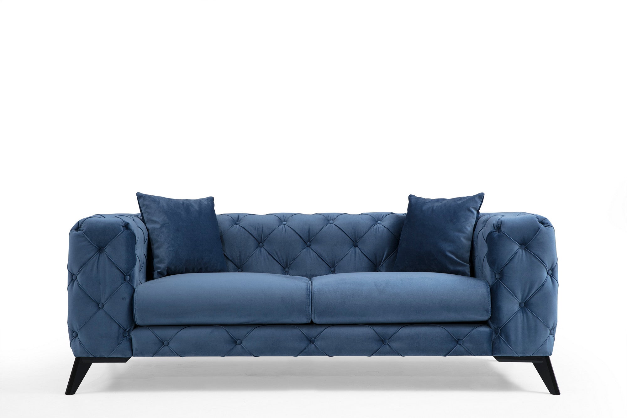Sofá moderno de 2 lugares, azul, 197 x 90 x 73 cm | Estrutura em madeira de faia e aglomerado, 100% poliéster, pernas em metal preto | Inclui 2 almofadas, tecido lavável a seco