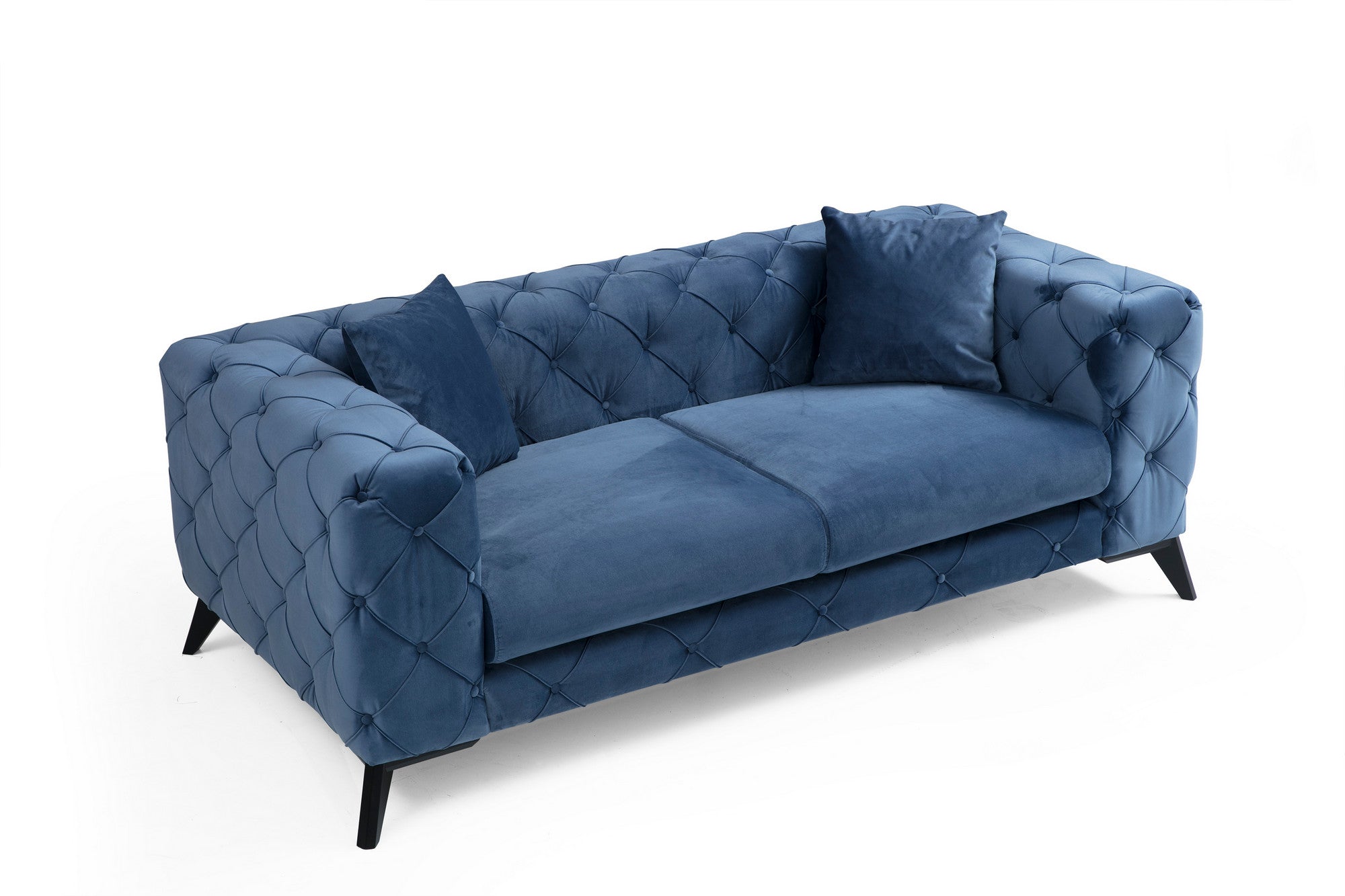 Sofá moderno de 2 lugares, azul, 197 x 90 x 73 cm | Estrutura em madeira de faia e aglomerado, 100% poliéster, pernas em metal preto | Inclui 2 almofadas, tecido lavável a seco