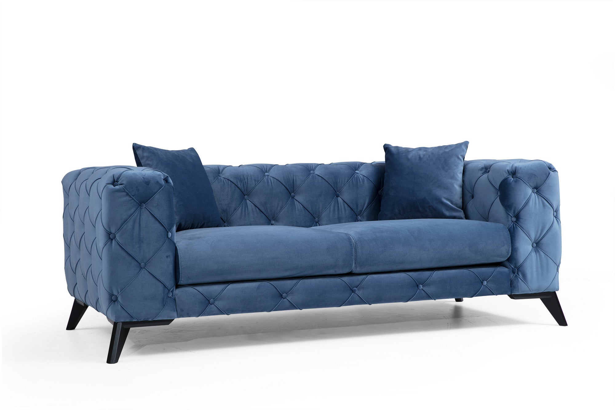 Sofá moderno de 2 lugares, azul, 197 x 90 x 73 cm | Estrutura em madeira de faia e aglomerado, 100% poliéster, pernas em metal preto | Inclui 2 almofadas, tecido lavável a seco