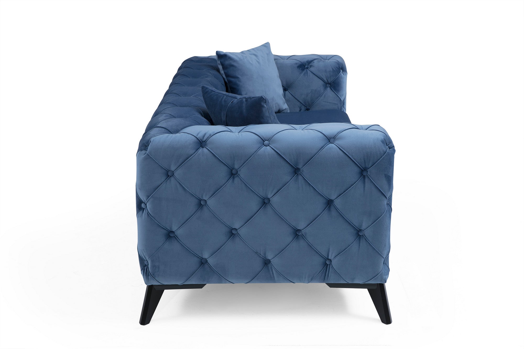 Sofá moderno de 2 lugares, azul, 197 x 90 x 73 cm | Estrutura em madeira de faia e aglomerado, 100% poliéster, pernas em metal preto | Inclui 2 almofadas, tecido lavável a seco