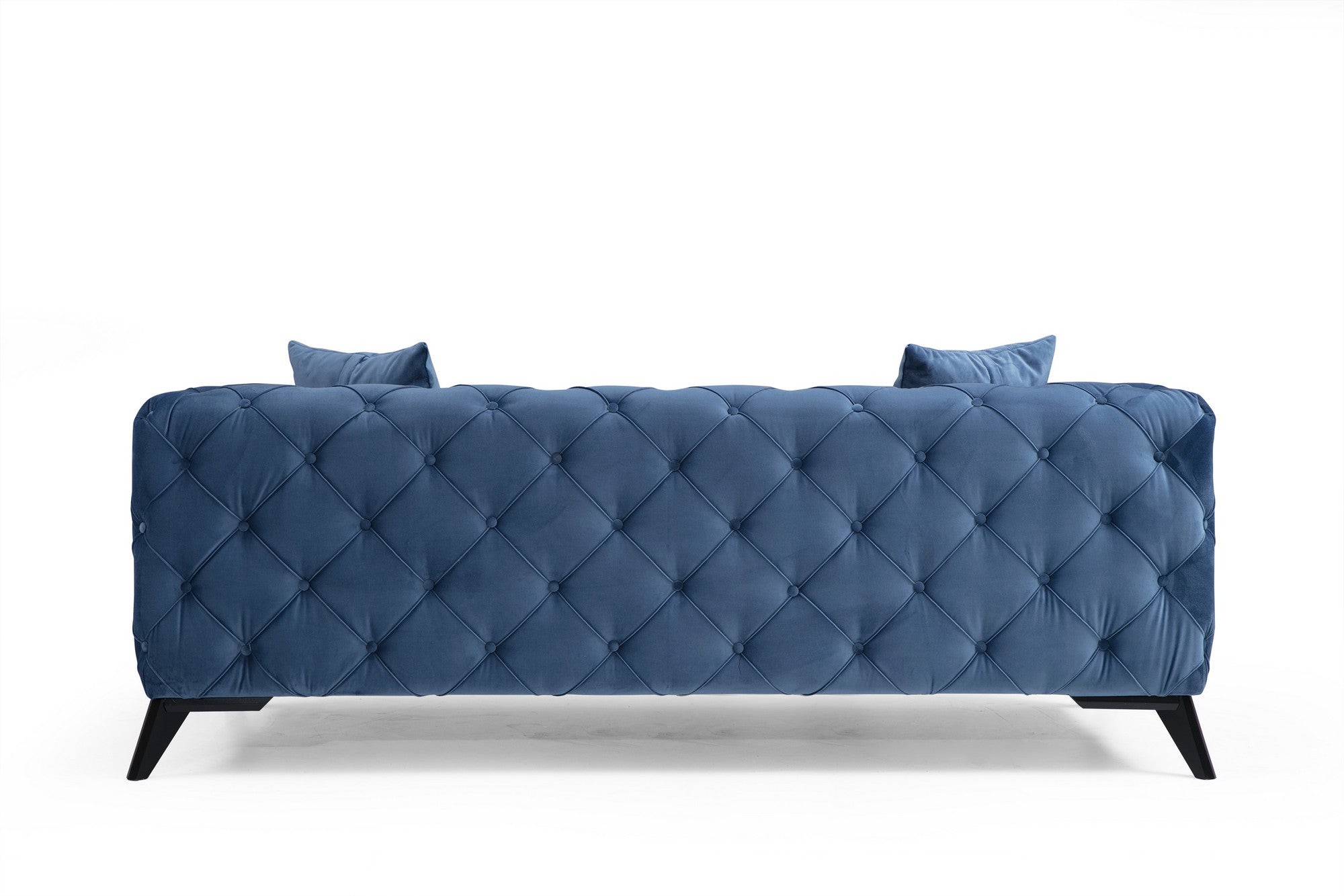 Sofá moderno de 2 lugares, azul, 197 x 90 x 73 cm | Estrutura em madeira de faia e aglomerado, 100% poliéster, pernas em metal preto | Inclui 2 almofadas, tecido lavável a seco