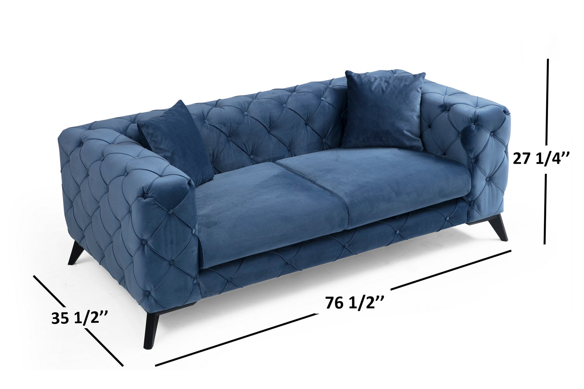 Sofá moderno de 2 lugares, azul, 197 x 90 x 73 cm | Estrutura em madeira de faia e aglomerado, 100% poliéster, pernas em metal preto | Inclui 2 almofadas, tecido lavável a seco