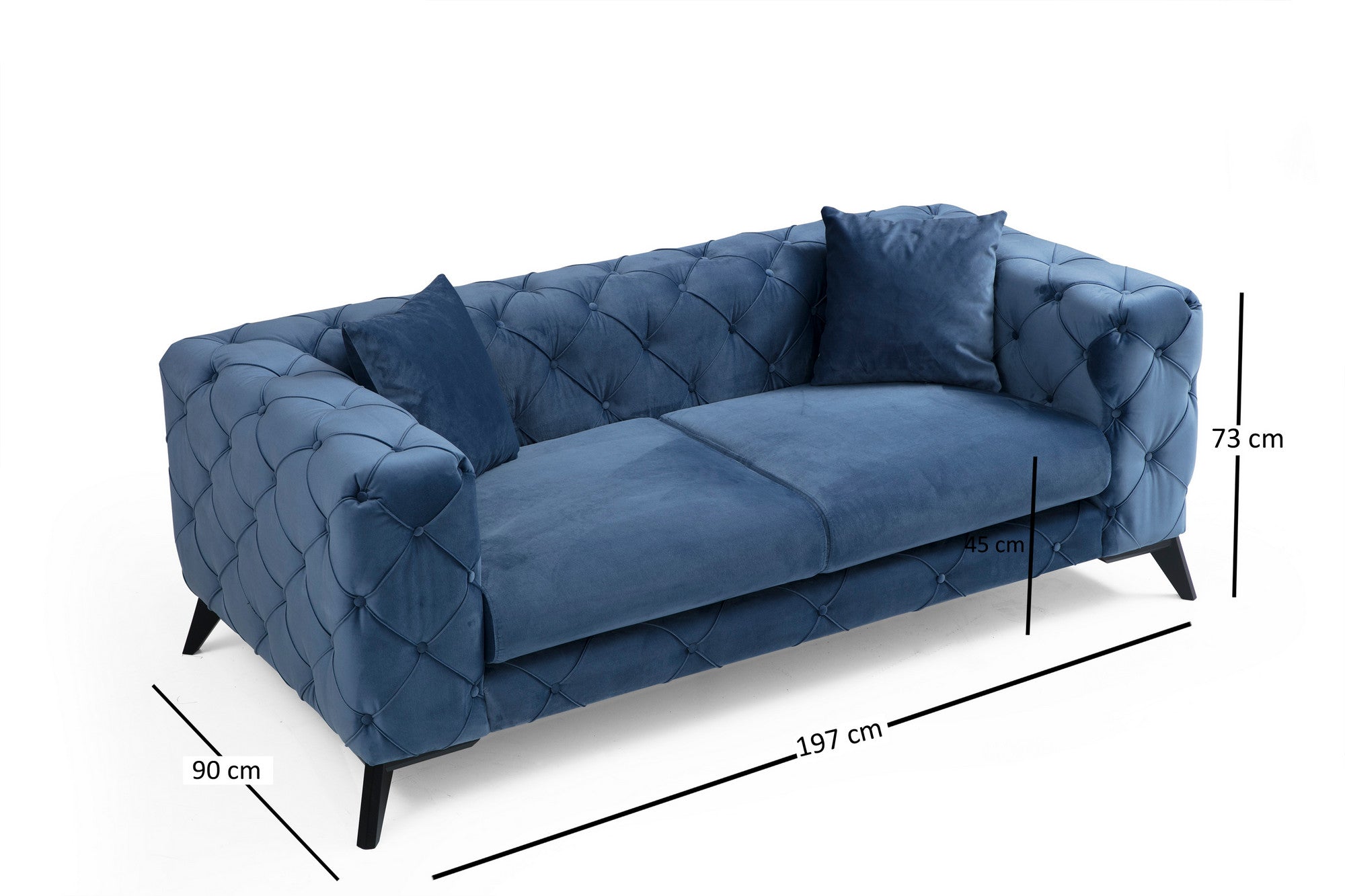 Sofá moderno de 2 lugares, azul, 197 x 90 x 73 cm | Estrutura em madeira de faia e aglomerado, 100% poliéster, pernas em metal preto | Inclui 2 almofadas, tecido lavável a seco