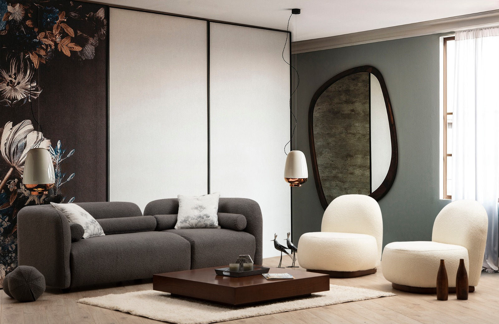 Sofá moderno de 3 lugares, tecido cinza, 228 x 90 x 74 cm | Estrutura de madeira de faia, pernas de nogueira, 2 almofadas incluídas | Elegante e confortável para casa e hotel