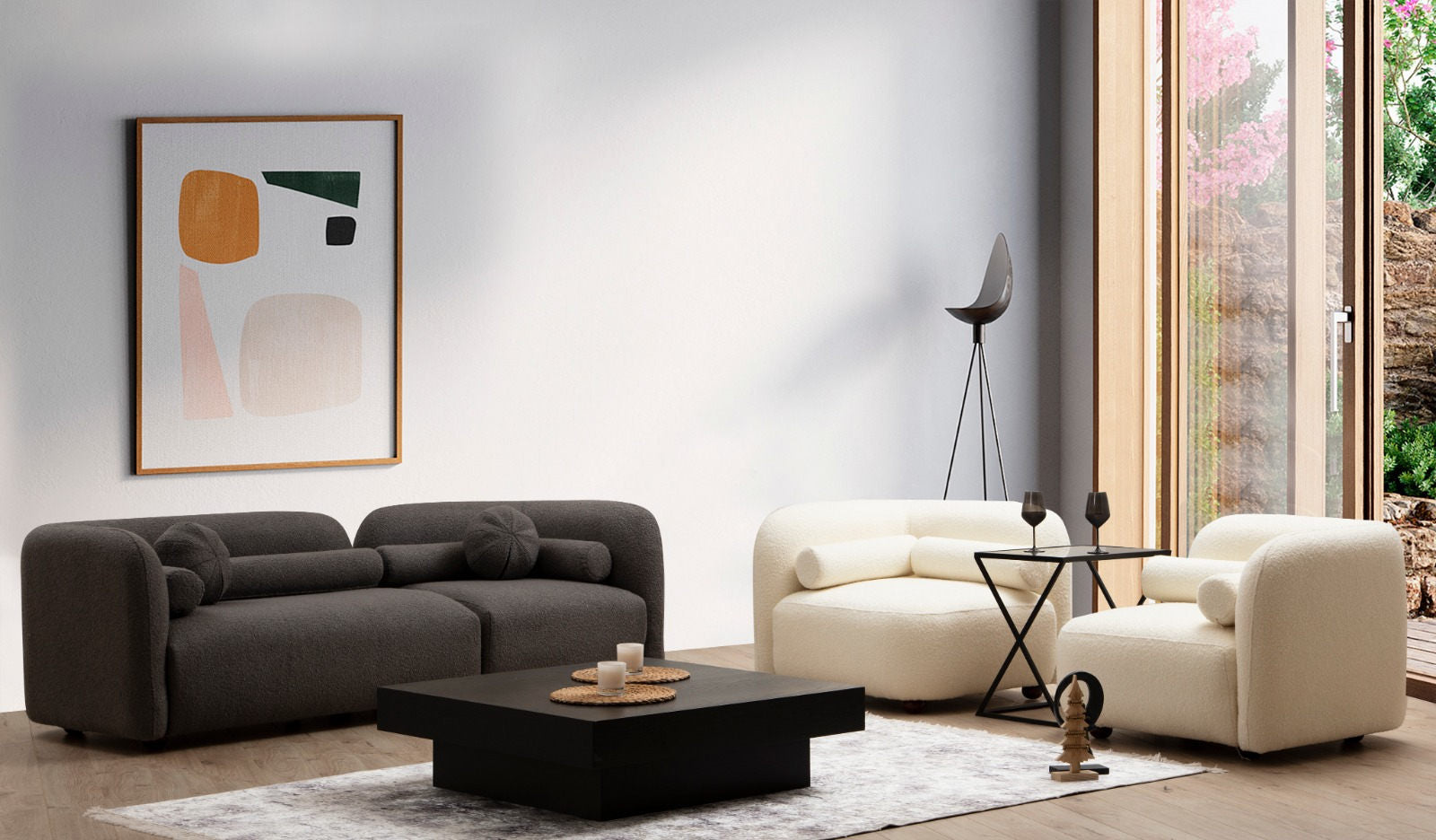 Sofá moderno de 3 lugares, tecido cinza, 228 x 90 x 74 cm | Estrutura de madeira de faia, pernas de nogueira, 2 almofadas incluídas | Elegante e confortável para casa e hotel