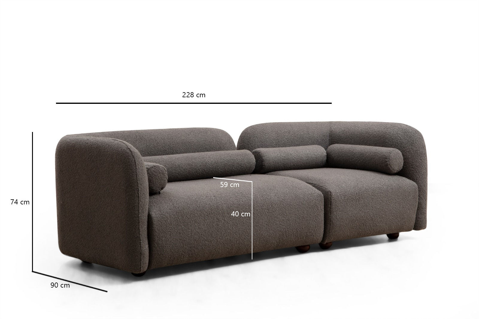 Sofá moderno de 3 lugares, tecido cinza, 228 x 90 x 74 cm | Estrutura de madeira de faia, pernas de nogueira, 2 almofadas incluídas | Elegante e confortável para casa e hotel