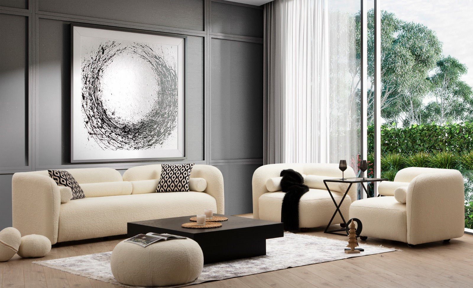 Sofá moderno de 3 lugares, creme, 228 x 90 x 74 cm | Estrutura de madeira de faia, 100% poliéster, pernas de nogueira | Inclui 2 almofadas, perfeito para decoração escandinava e hoteleira