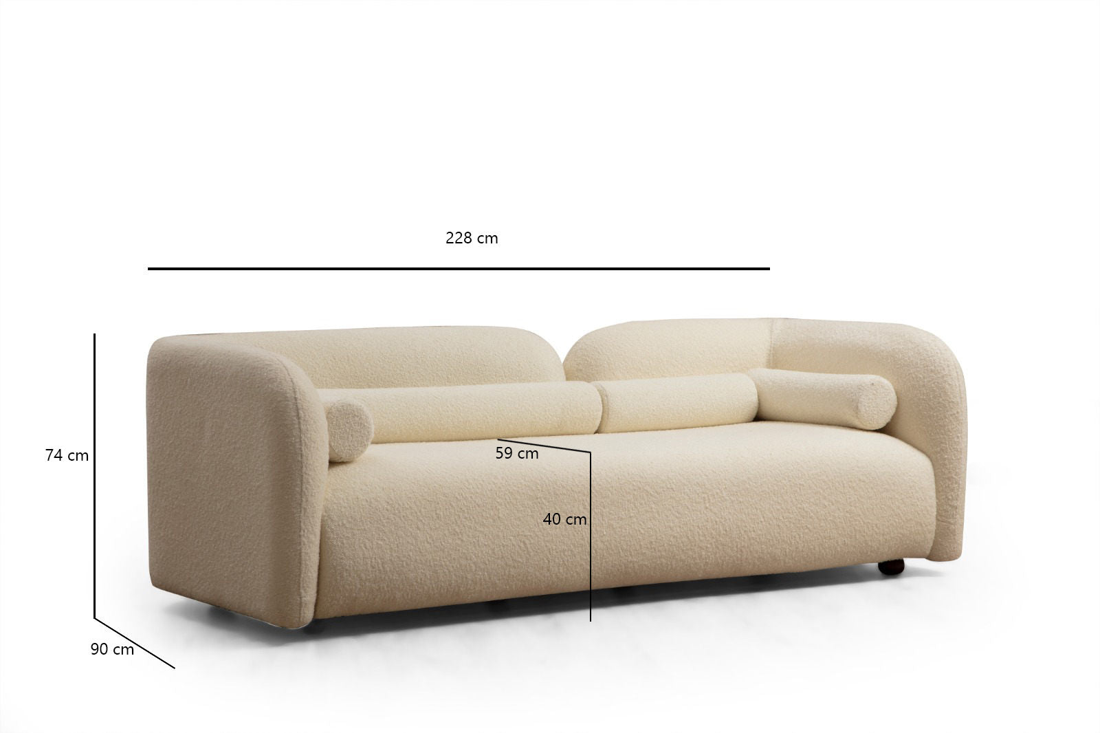 Sofá moderno de 3 lugares, creme, 228 x 90 x 74 cm | Estrutura de madeira de faia, 100% poliéster, pernas de nogueira | Inclui 2 almofadas, perfeito para decoração escandinava e hoteleira