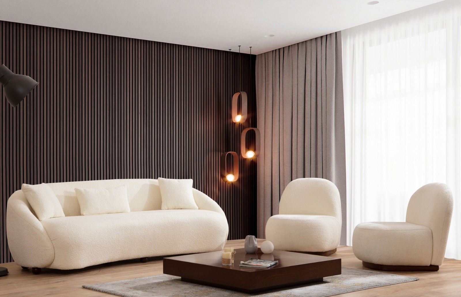 Sofá moderno de 3 lugares, cor creme, estrutura em madeira de faia e aglomerado, 230x75x94 cm | 100% poliéster, almofadas fixas, pés de nogueira | Design escandinavo elegante