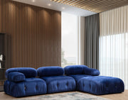 Sofá de canto elegante, veludo azul, 288 x 190 x 95 cm | Estrutura em madeira de faia e aglomerado, 100% poliéster, encosto e braço removíveis, perfeito para ambientes modernos