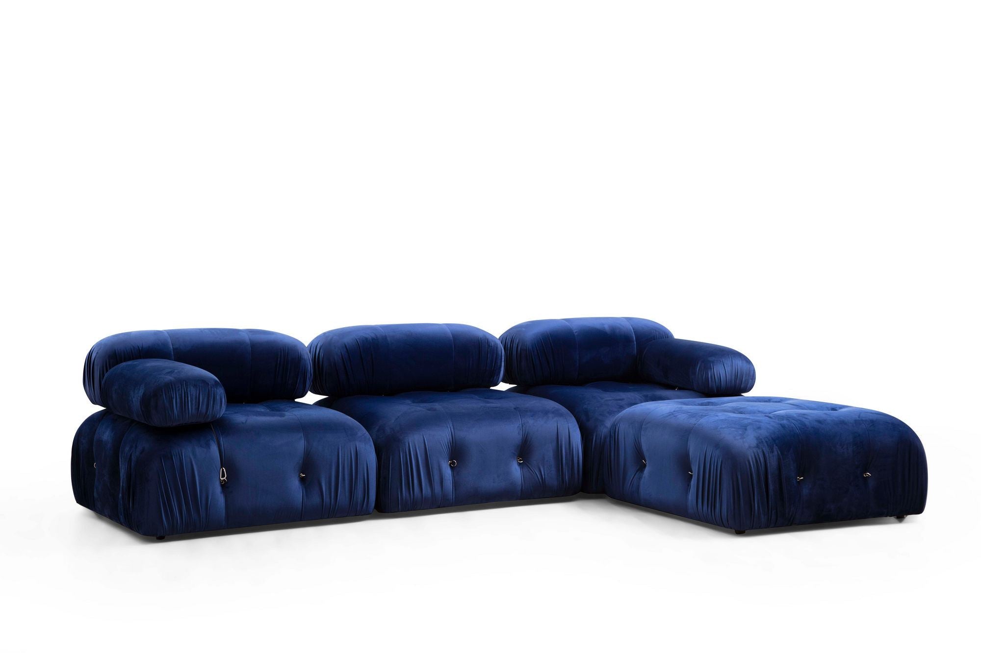 Sofá de canto elegante, veludo azul, 288 x 190 x 95 cm | Estrutura em madeira de faia e aglomerado, 100% poliéster, encosto e braço removíveis, perfeito para ambientes modernos