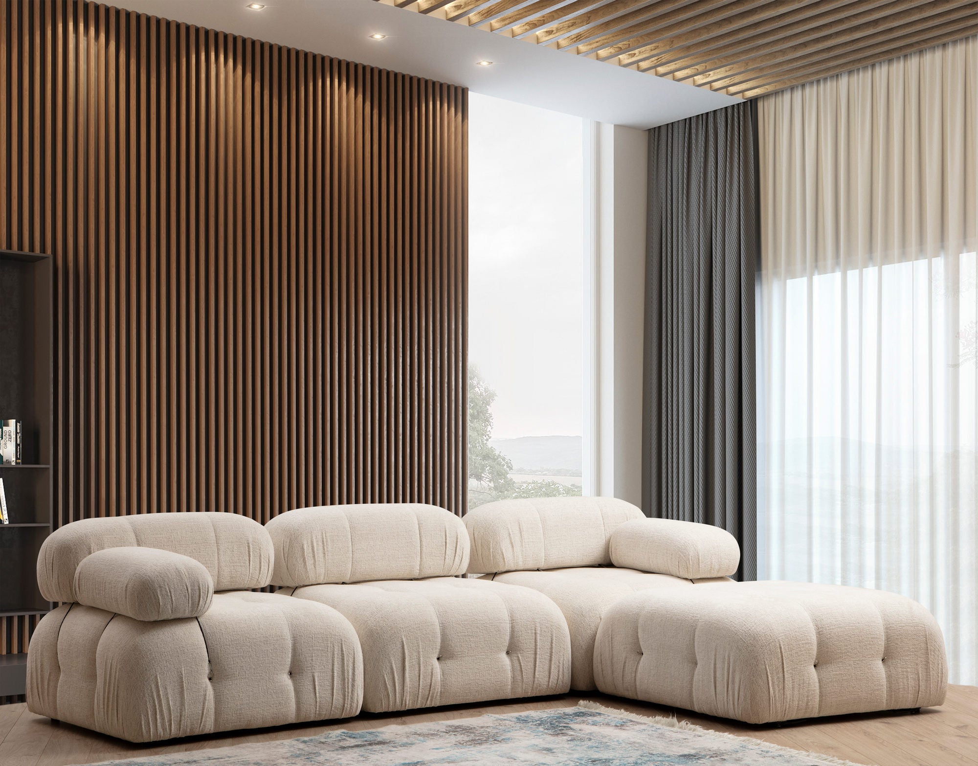 Sofá de canto elegante, creme, 288 x 190 x 95 cm | Estrutura em madeira de faia e aglomerado, 100% poliéster, encosto e braço removíveis | Perfeito para casas escandinavas