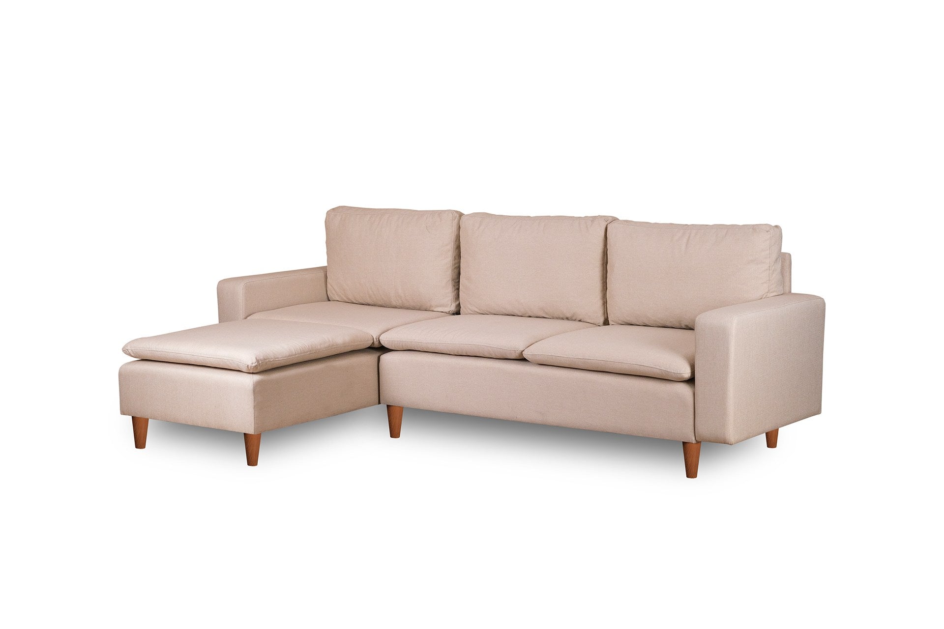Sofá de canto elegante em tom creme, estrutura 100% metálica, 225 cm de largura, chaise longue de 154 cm, almofadas de espuma de alto DNS e fibra de silicone | Perfeito para salas de estar modernas