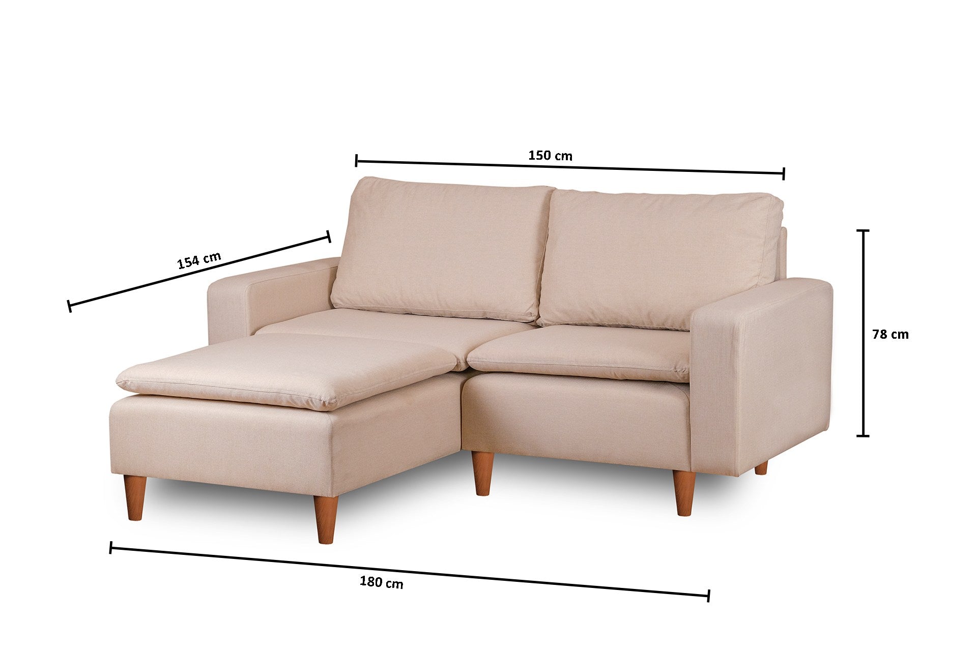 Sofá de canto elegante em creme, estrutura 100% metálica, assento com 150 cm de largura e 52 cm de profundidade | Almofadas de espuma de alto DNS e fibra de silicone | Perfeito para salas de estar modernas