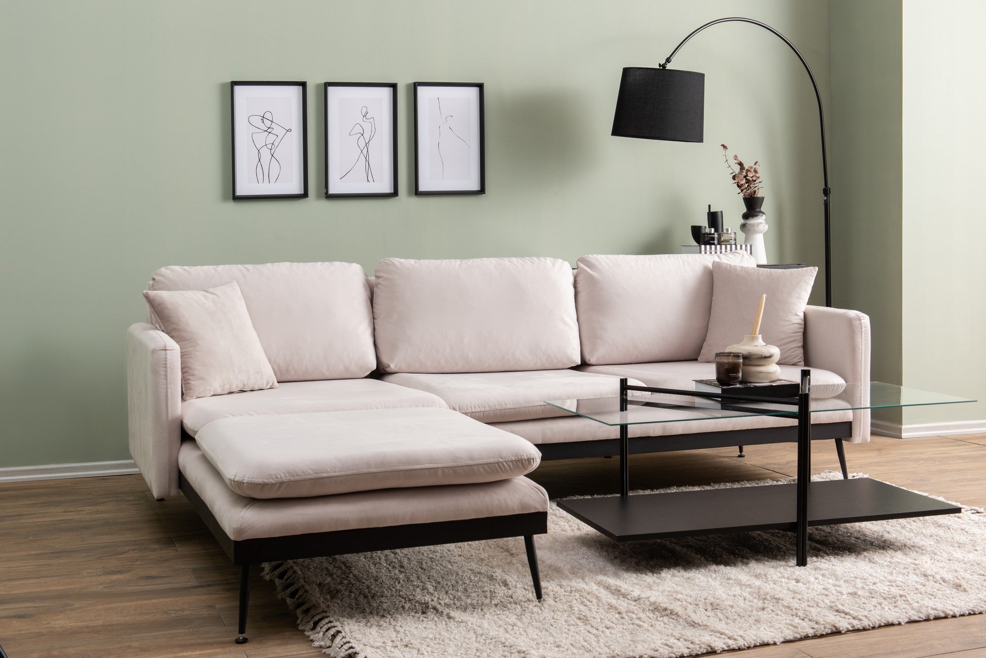 Sofá de canto elegante em cru, 245 cm de largura, estrutura 100% metálica, tecido de poliéster, 2 almofadas, design separável | Perfeito para salas de estar modernas