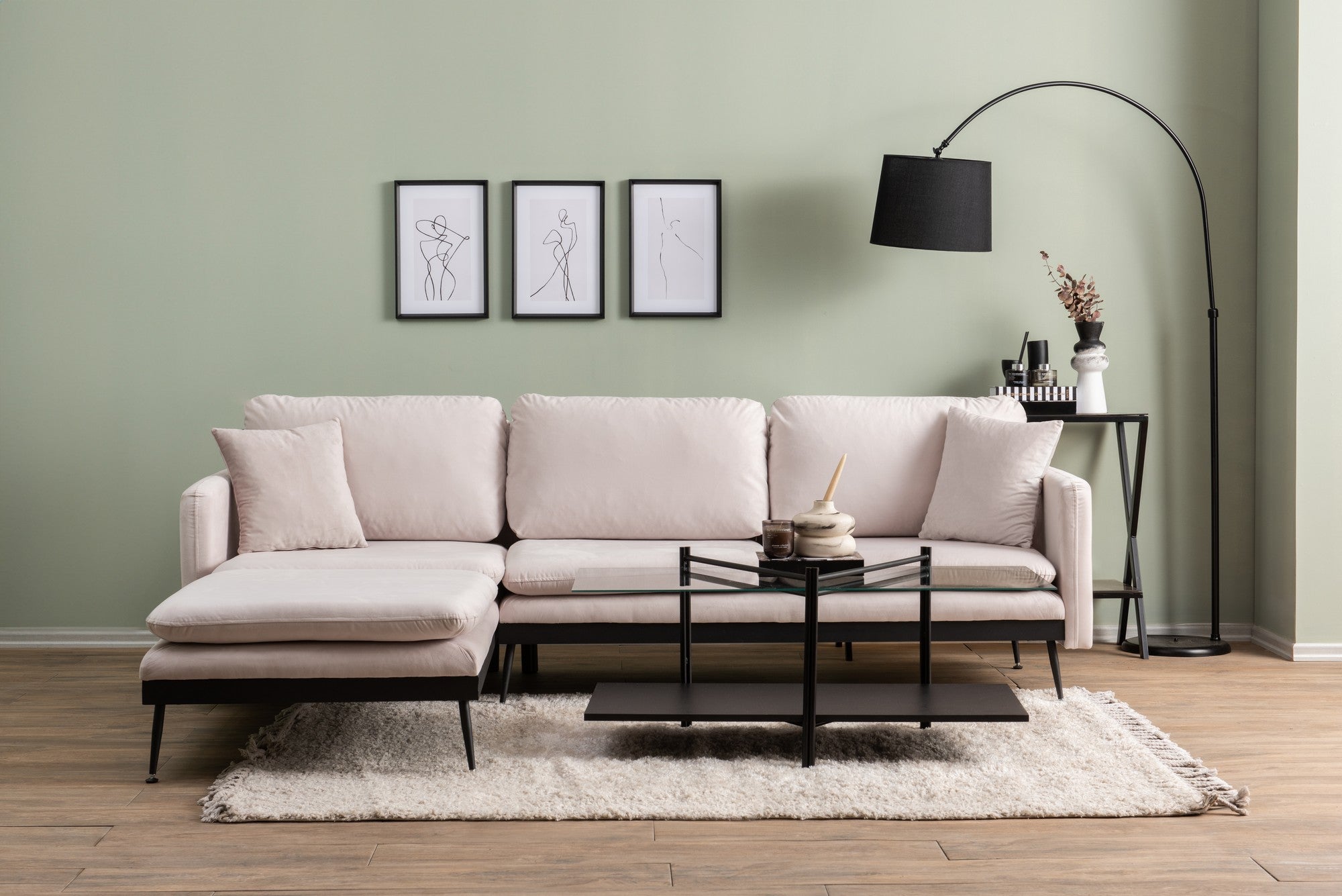 Sofá de canto elegante em cru, 245 cm de largura, estrutura 100% metálica, tecido de poliéster, 2 almofadas, design separável | Perfeito para salas de estar modernas