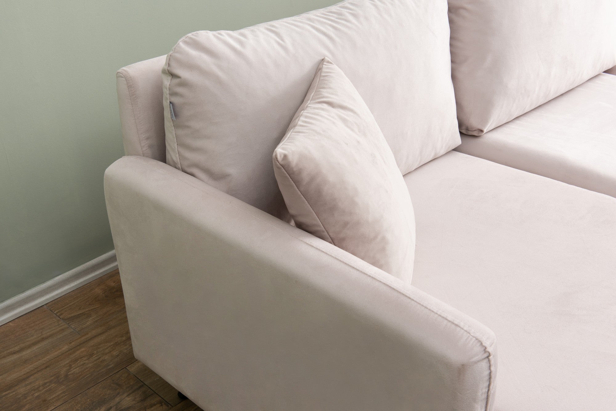 Sofá de canto elegante em cru, 245 cm de largura, estrutura 100% metálica, tecido de poliéster, 2 almofadas, design separável | Perfeito para salas de estar modernas