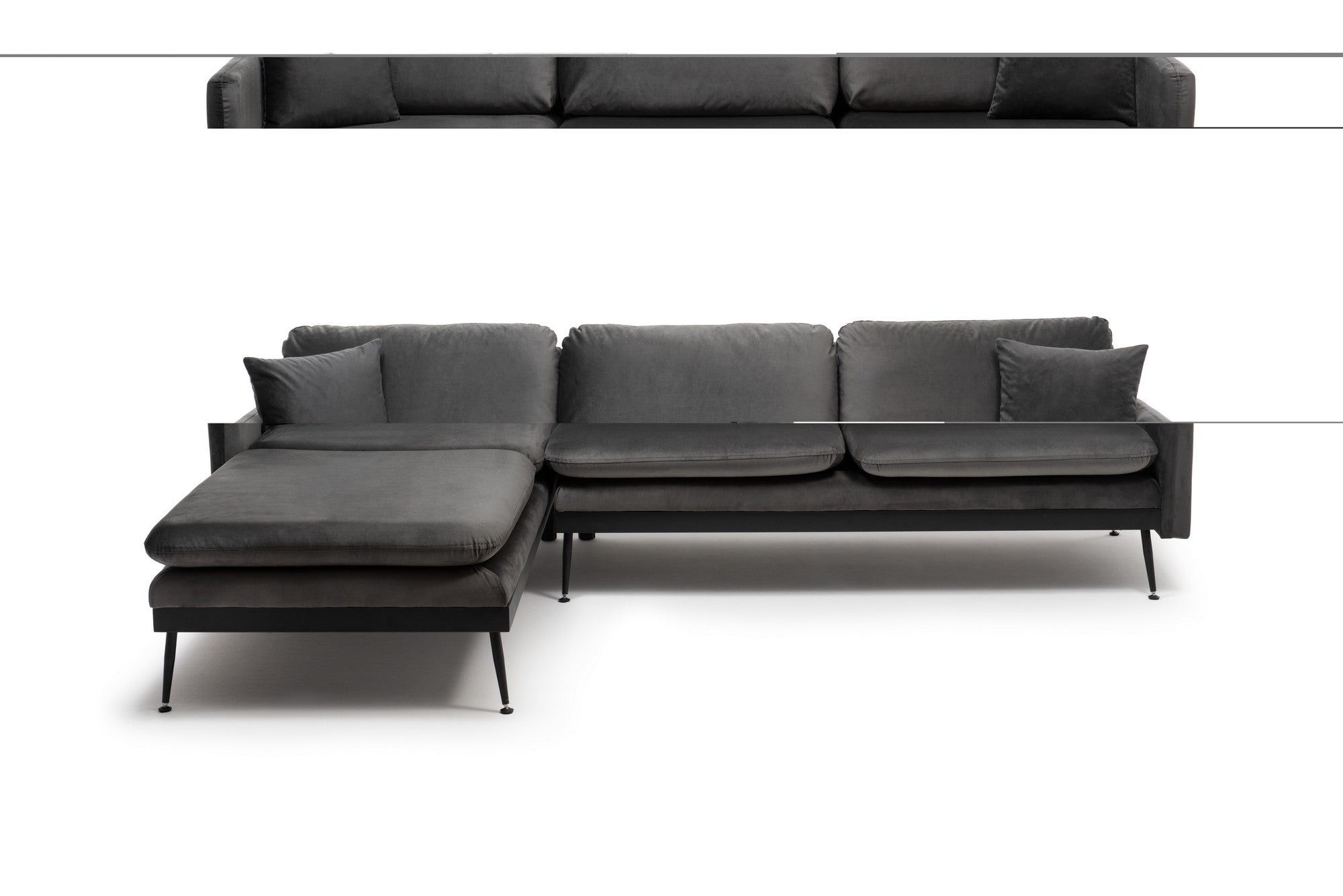 Sofá de canto elegante, antracite, 245 cm de largura total | Estrutura 100% metálica, tecido de poliéster, 2 almofadas | Design confortável e versátil para espaços de convivência modernos