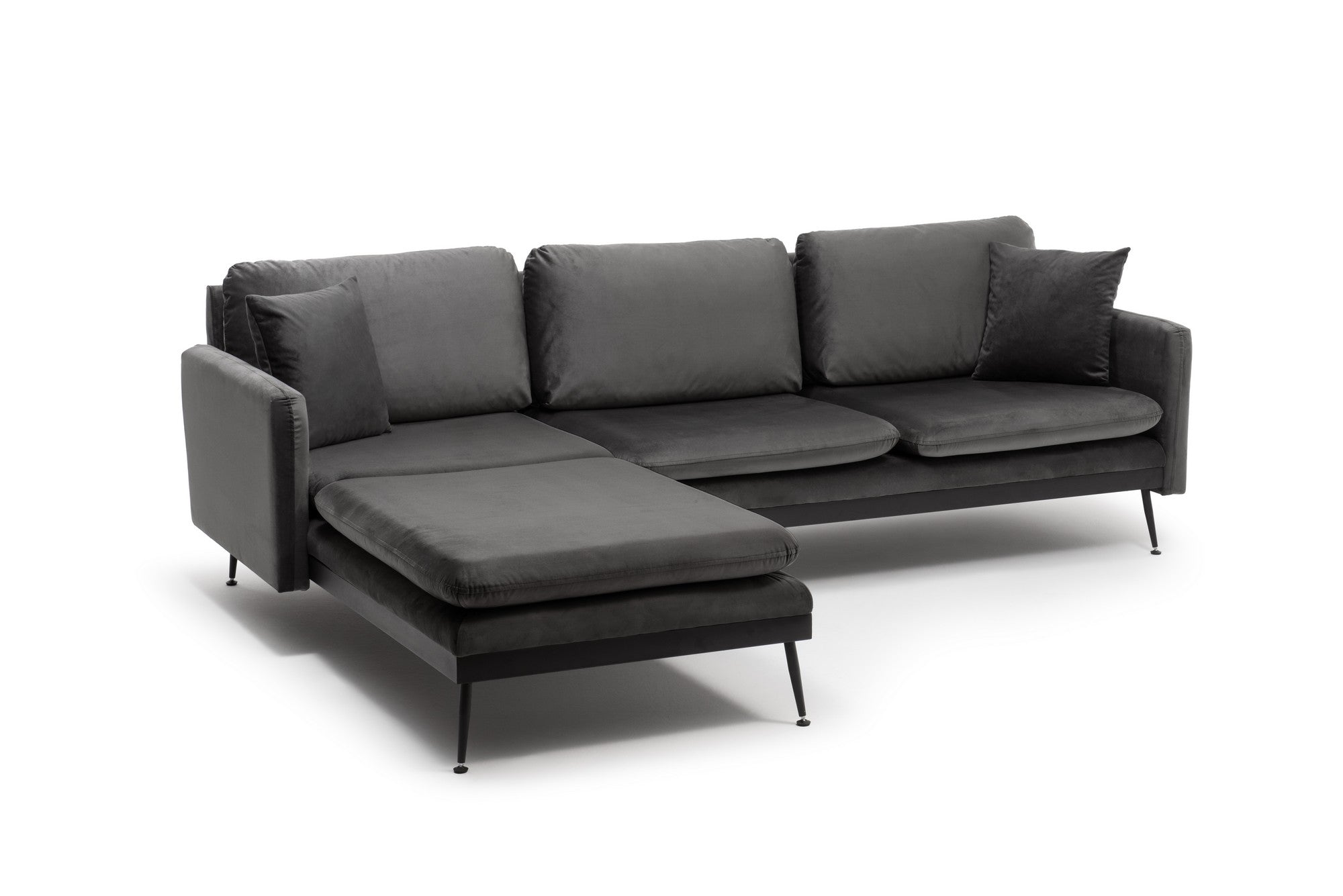 Sofá de canto elegante, antracite, 245 cm de largura total | Estrutura 100% metálica, tecido de poliéster, 2 almofadas | Design confortável e versátil para espaços de convivência modernos