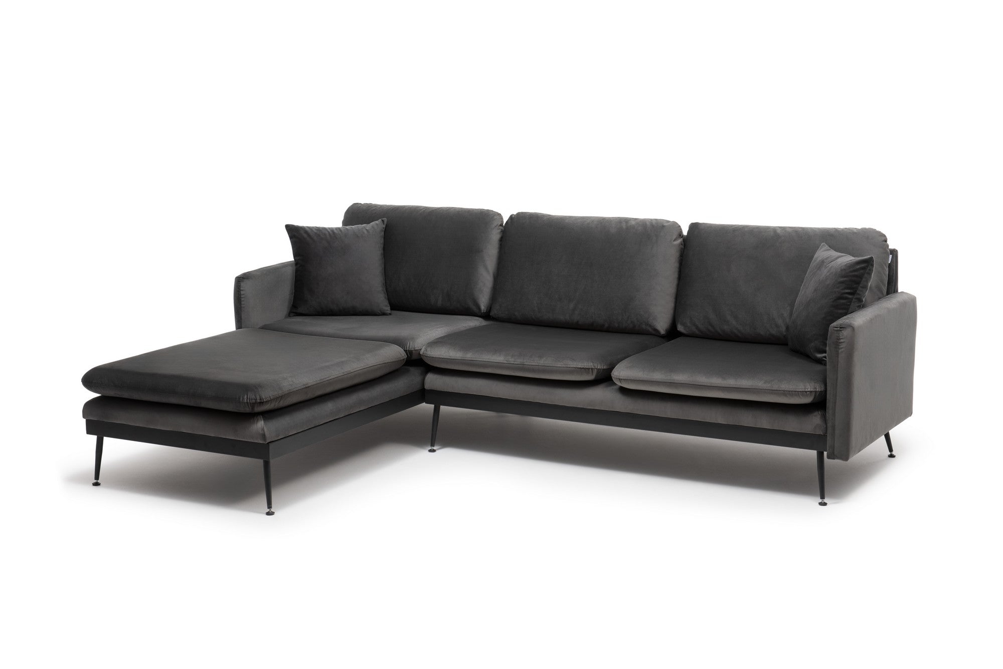 Sofá de canto elegante, antracite, 245 cm de largura total | Estrutura 100% metálica, tecido de poliéster, 2 almofadas | Design confortável e versátil para espaços de convivência modernos