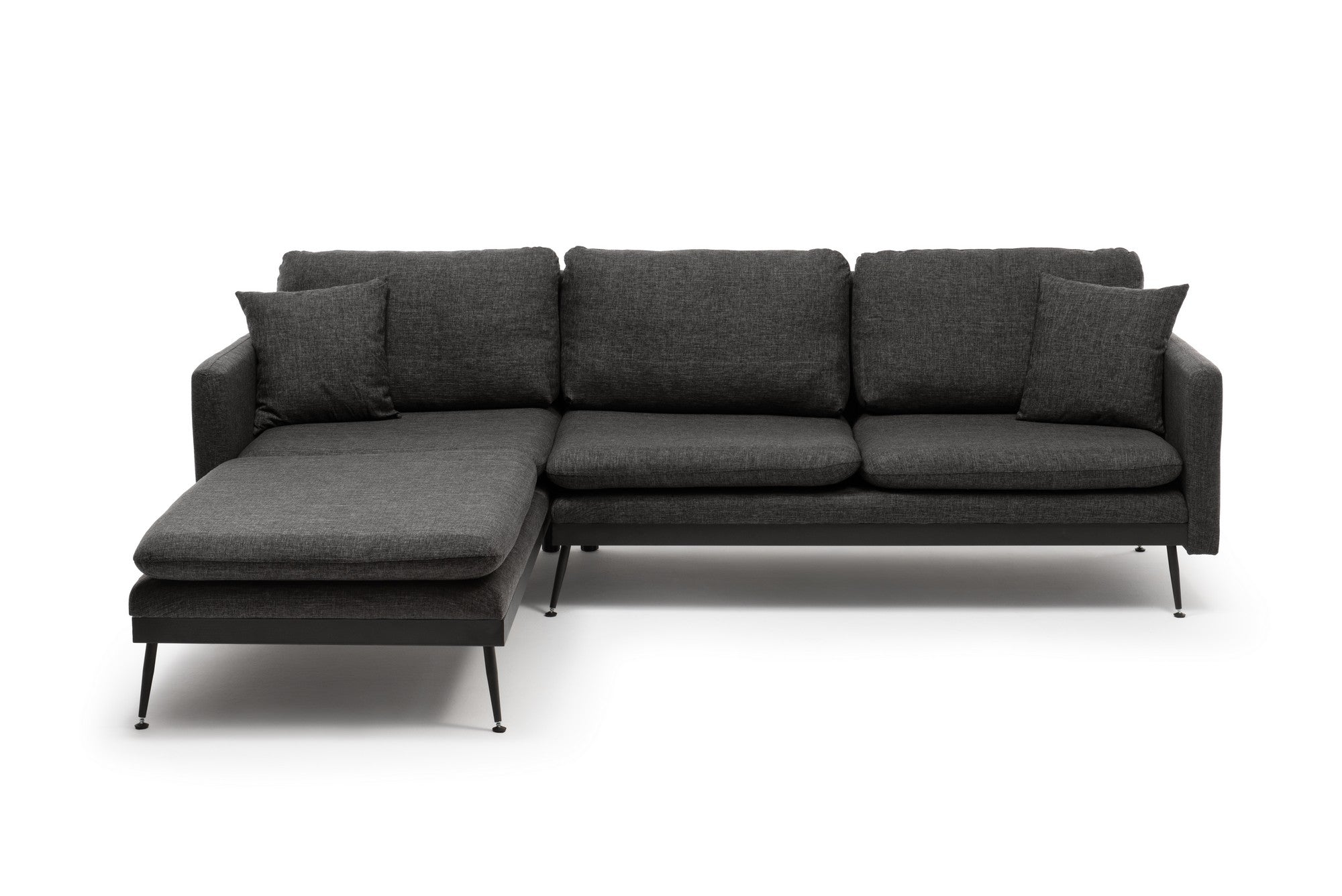 Sofá de canto elegante em cinza escuro, 245 cm de largura, estrutura 100% metálica, tecido de linho, 2 almofadas, design separável, perfeito para salas de estar modernas