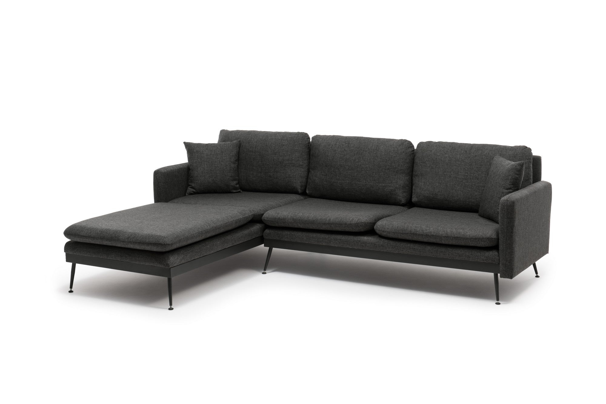 Sofá de canto elegante em cinza escuro, 245 cm de largura, estrutura 100% metálica, tecido de linho, 2 almofadas, design separável, perfeito para salas de estar modernas