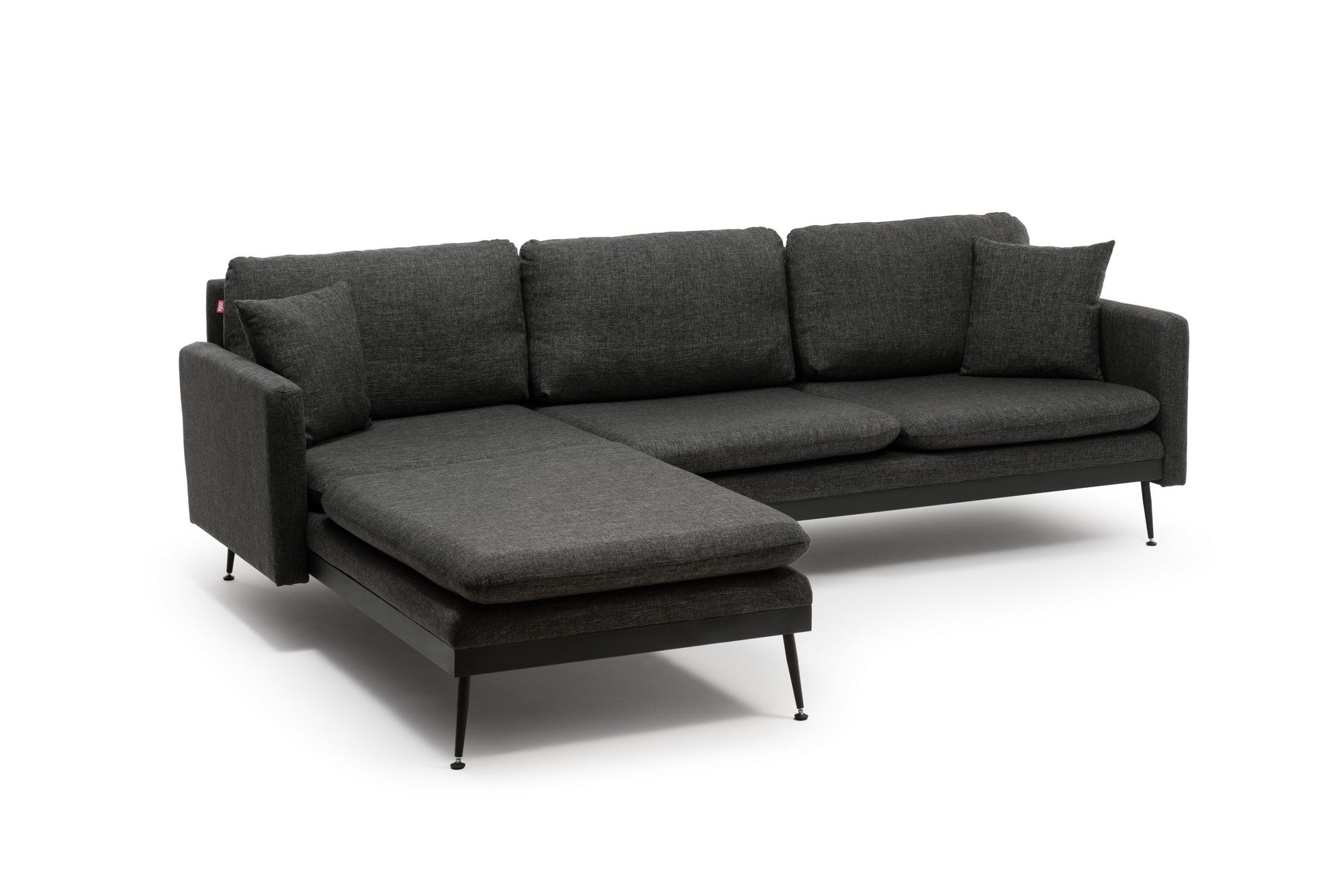 Sofá de canto elegante em cinza escuro, 245 cm de largura, estrutura 100% metálica, tecido de linho, 2 almofadas, design separável, perfeito para salas de estar modernas