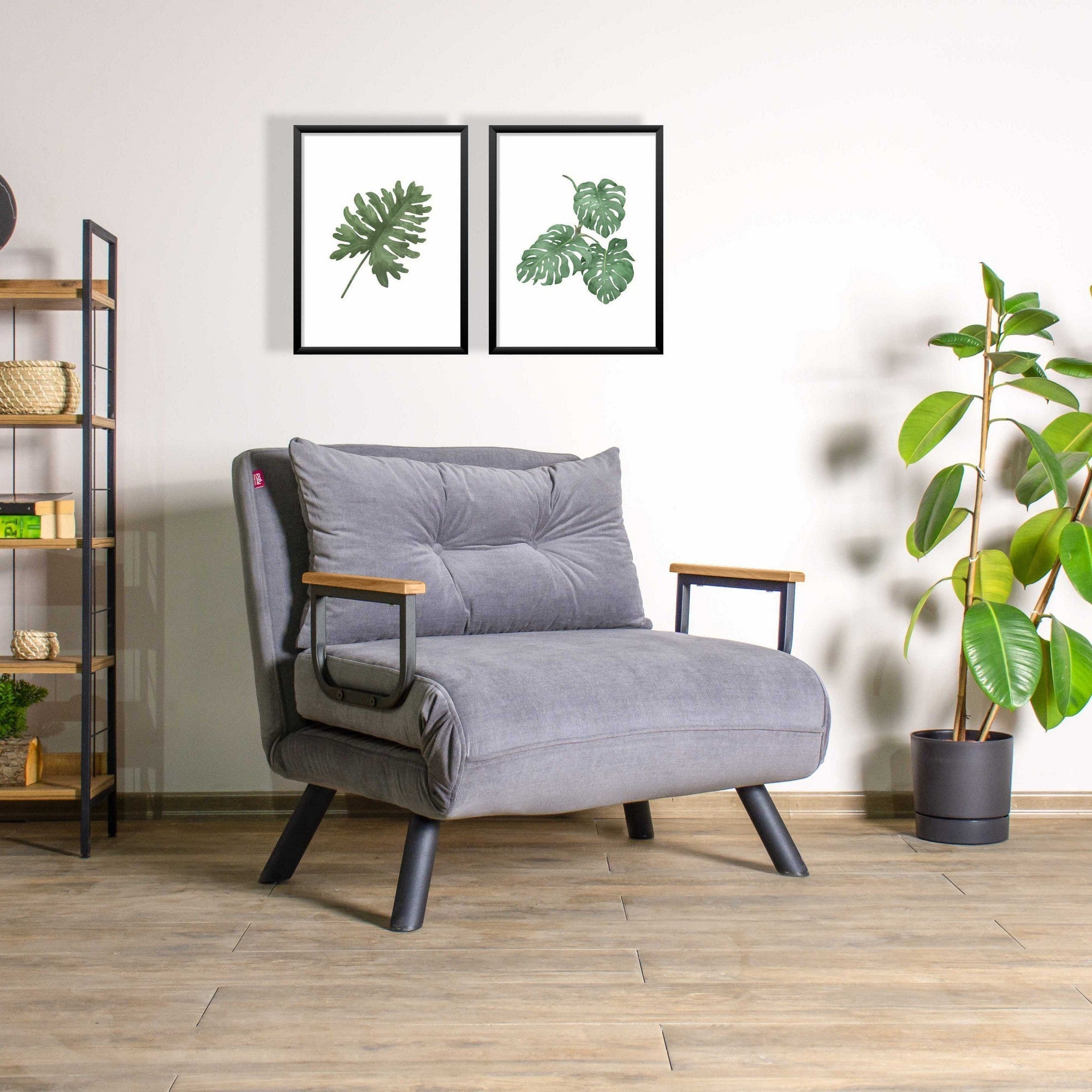 Sofá-cama moderno de 1 lugar, cinza, estrutura 100% metálica, encosto ajustável em 14 níveis, fácil conversão, perfeito para espaços pequenos, peso máximo de 100 kg