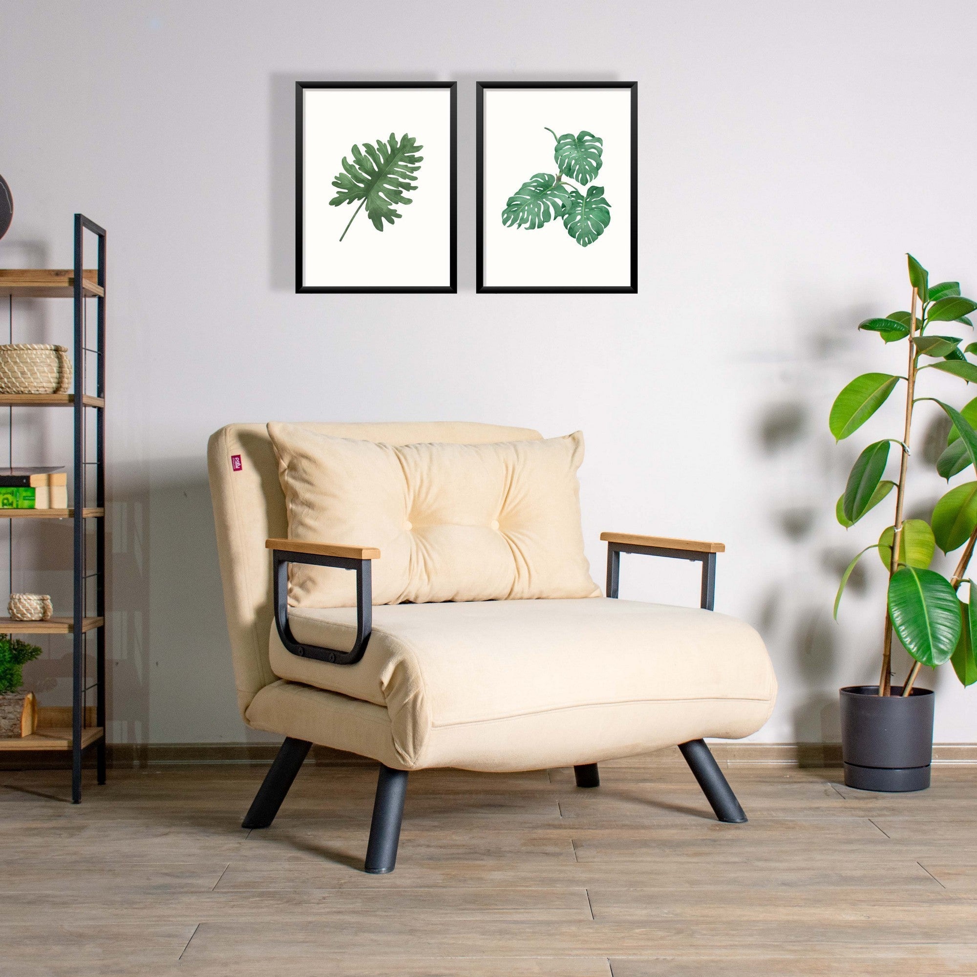 Sofá-cama moderno de 1 lugar, cor creme, estrutura 100% metálica, encosto ajustável em 14 níveis, fácil conversão, perfeito para espaços pequenos e decoração elegante