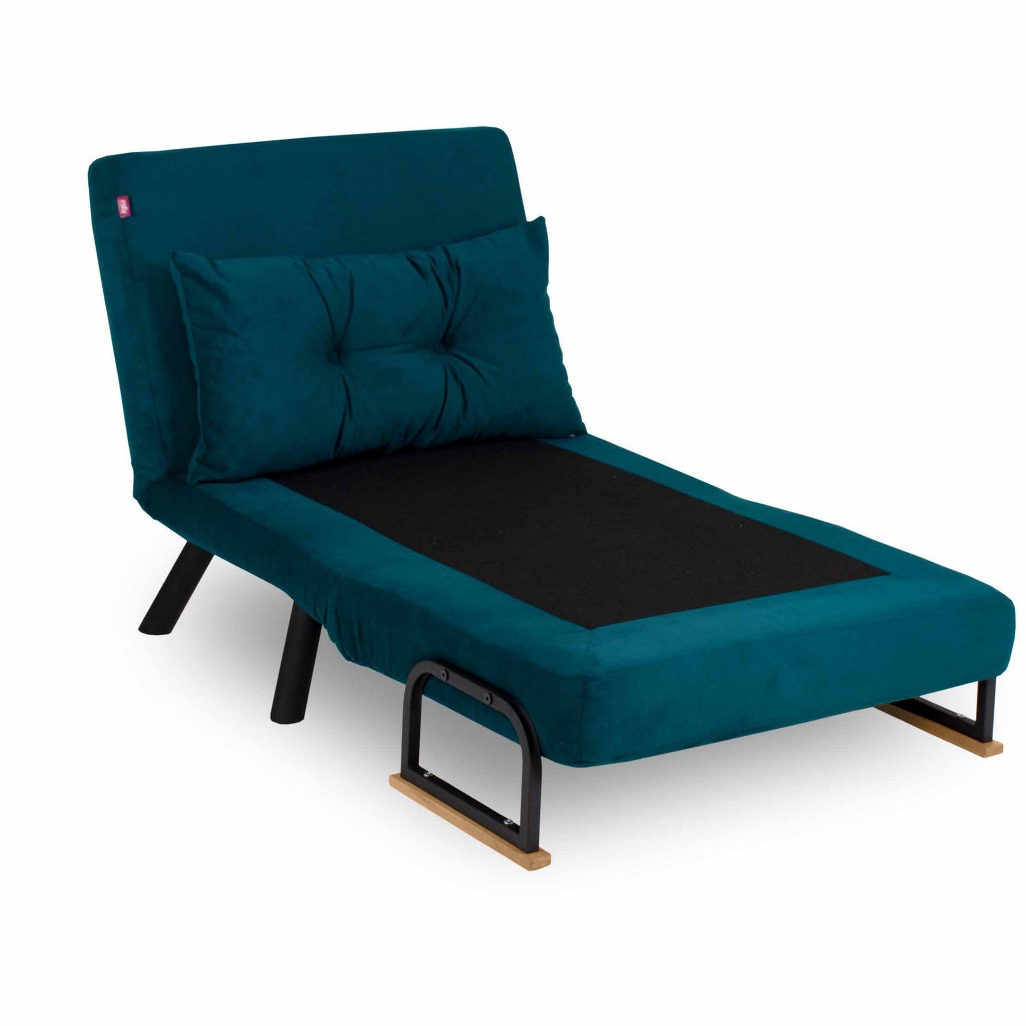 Sofá-cama de 1 lugar verde-petróleo, estrutura 100% metálica, encosto ajustável em 14 níveis, fácil conversão, design moderno, peso máximo de 100 kg, perfeito para espaços pequenos