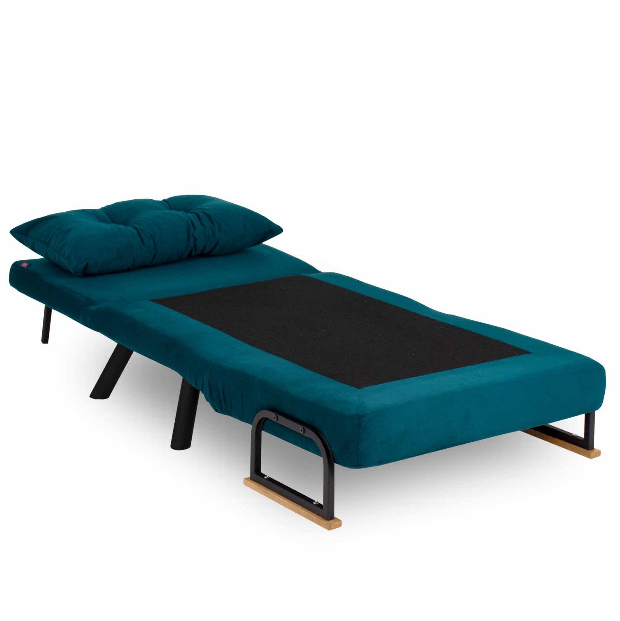 Sofá-cama de 1 lugar verde-petróleo, estrutura 100% metálica, encosto ajustável em 14 níveis, fácil conversão, design moderno, peso máximo de 100 kg, perfeito para espaços pequenos