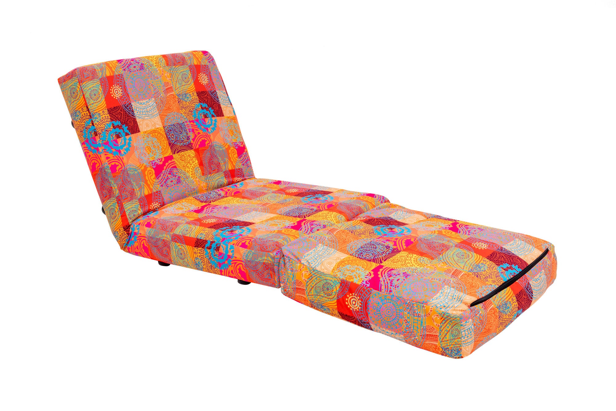 Sofá-cama versátil de 1 lugar, estrutura de metal, tecido digital patchwork | Encosto ajustável em 14 níveis, fácil conversão | Perfeito para decoração tradicional e do sudoeste