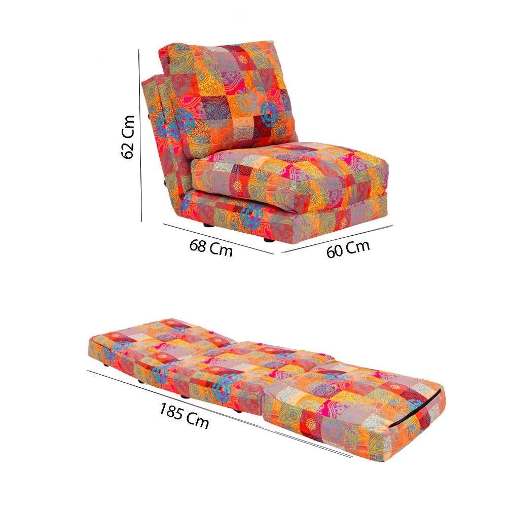 Sofá-cama versátil de 1 lugar, estrutura de metal, tecido digital patchwork | Encosto ajustável em 14 níveis, fácil conversão | Perfeito para decoração tradicional e do sudoeste