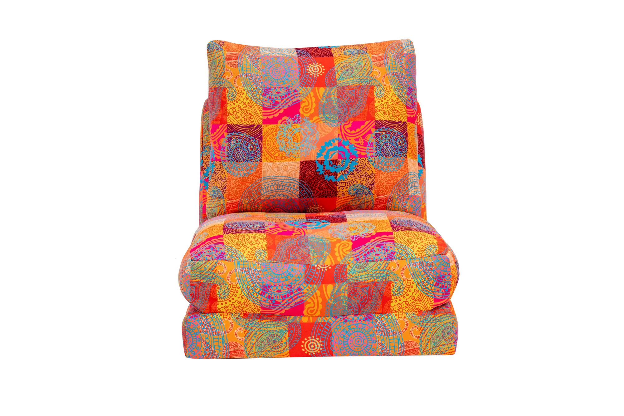 Sofá-cama versátil de 1 lugar, estrutura de metal, tecido digital patchwork | Encosto ajustável em 14 níveis, fácil conversão | Perfeito para decoração tradicional e do sudoeste