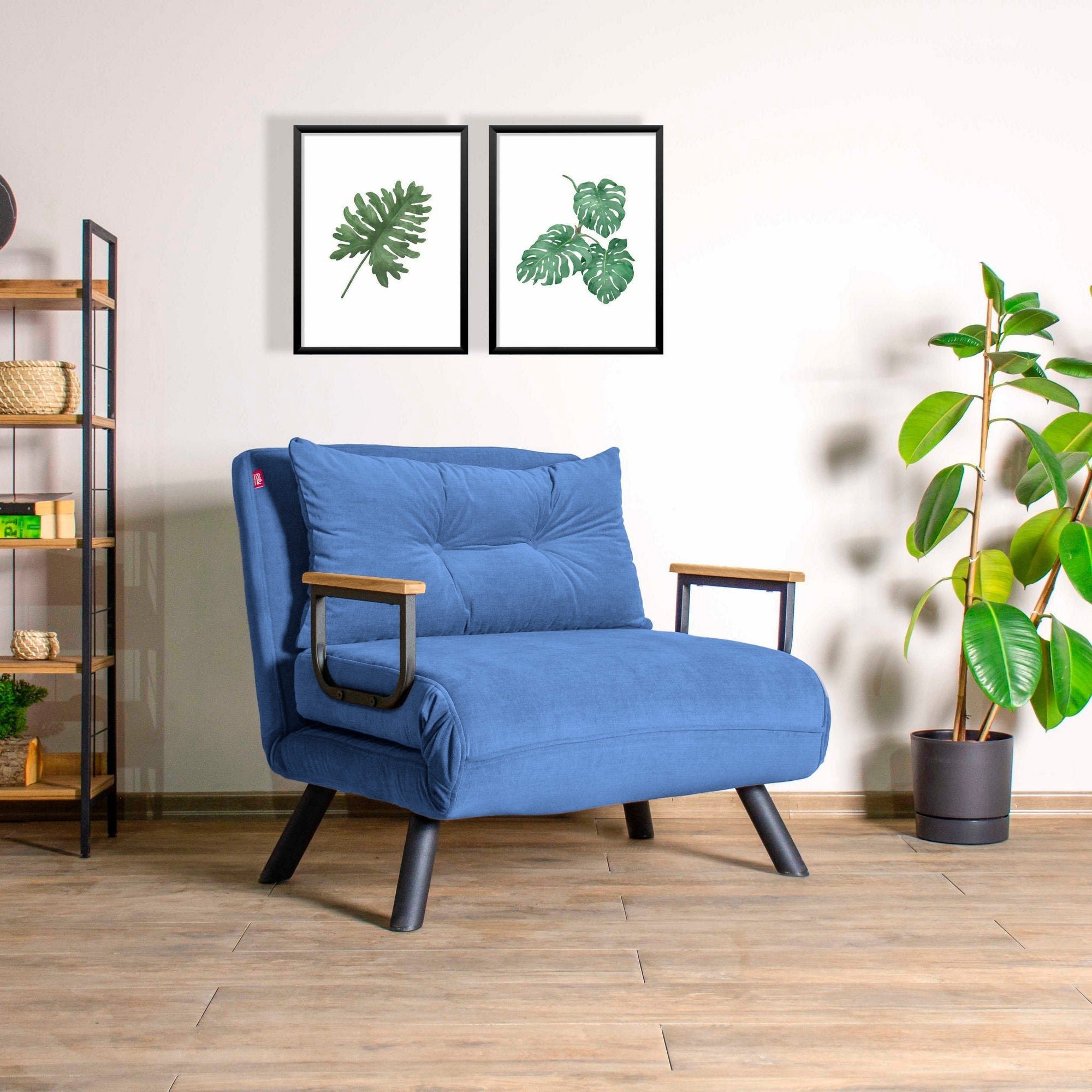 Sofá-cama moderno de 1 lugar, azul, estrutura 100% metálica, encosto ajustável em 14 níveis, fácil conversão, perfeito para espaços pequenos, design elegante e funcional
