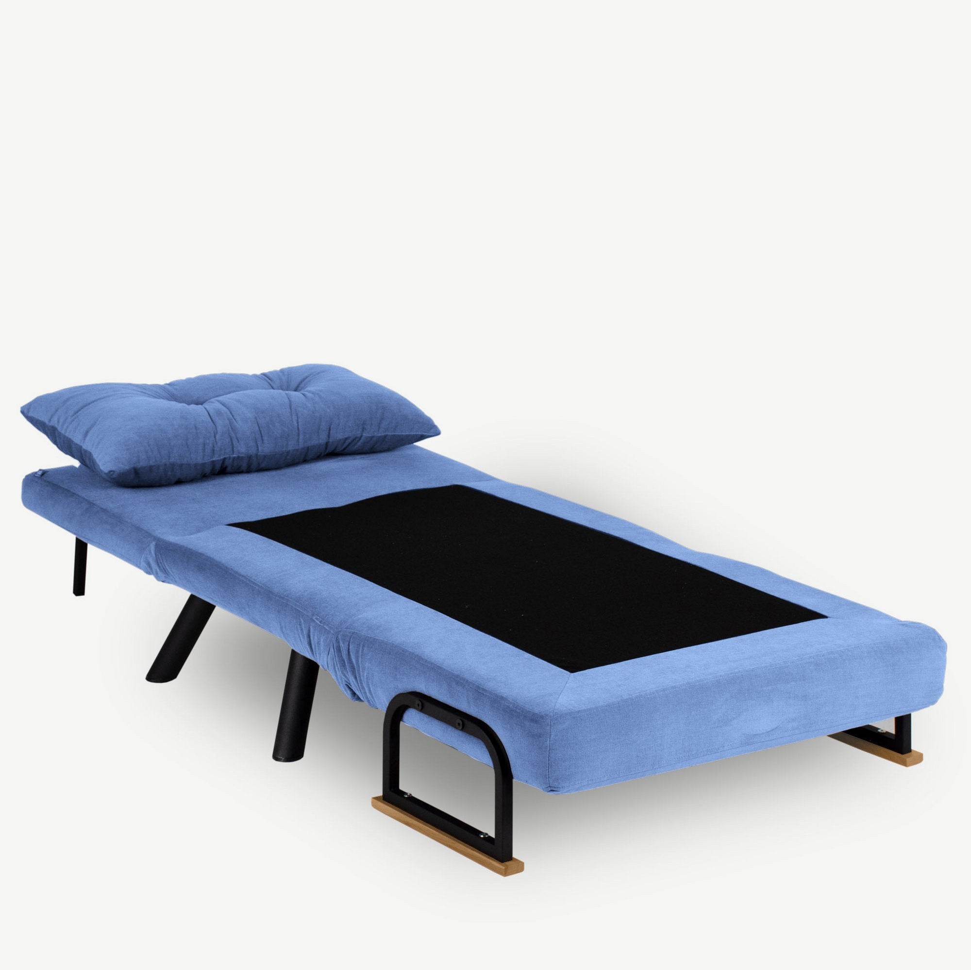Sofá-cama moderno de 1 lugar, azul, estrutura 100% metálica, encosto ajustável em 14 níveis, fácil conversão, perfeito para espaços pequenos, design elegante e funcional