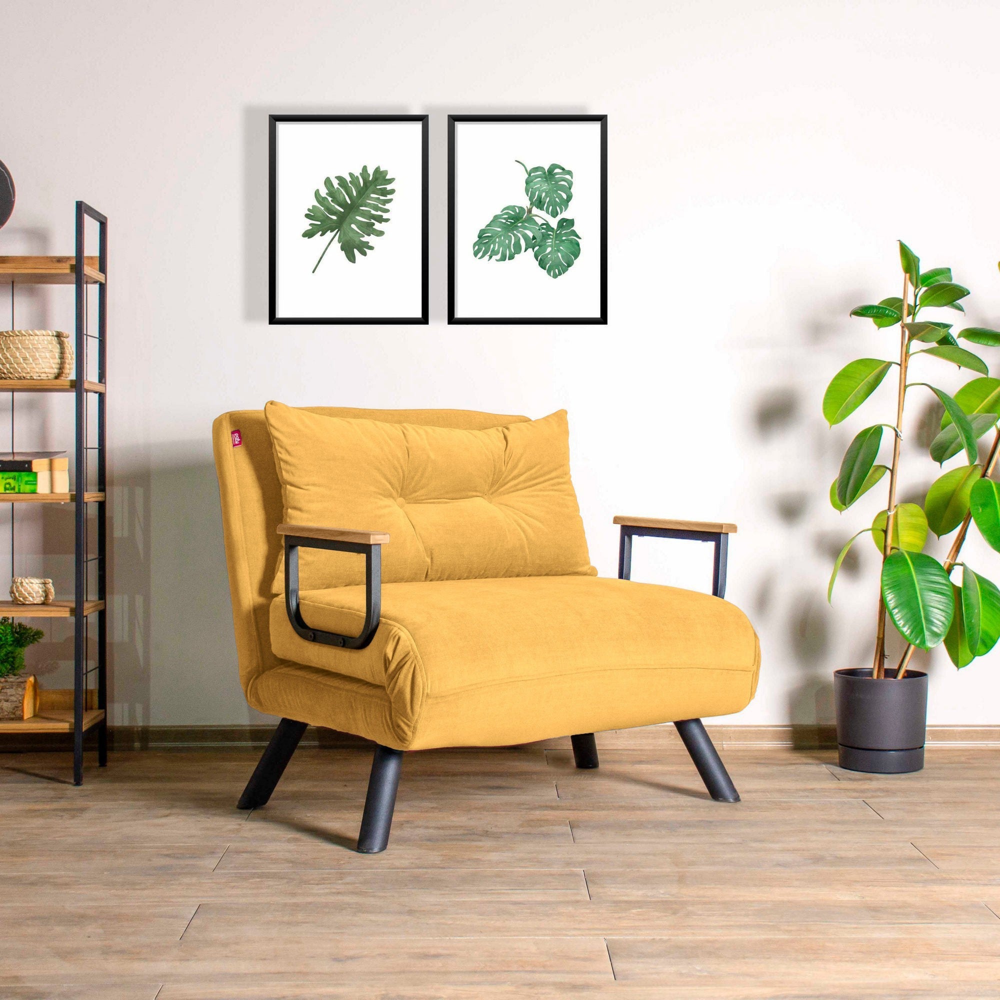 Sofá-cama Mustard de 1 lugar, estrutura 100% metálica, encosto ajustável em 14 níveis, fácil conversão, design moderno, perfeito para espaços pequenos, peso máximo de 100 kg