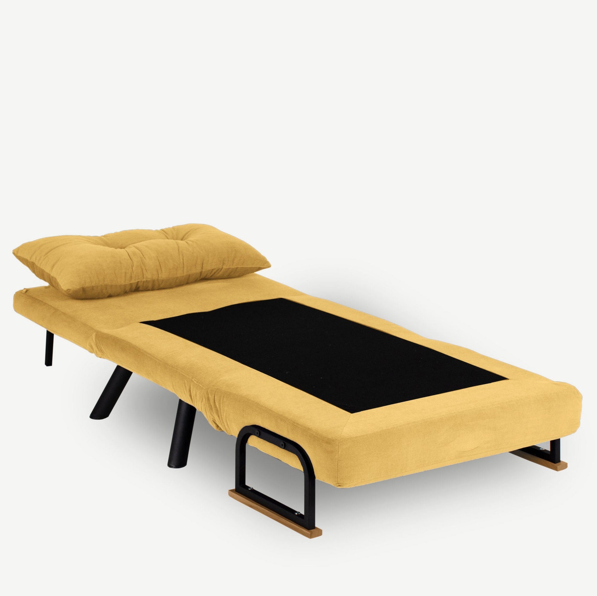 Sofá-cama Mustard de 1 lugar, estrutura 100% metálica, encosto ajustável em 14 níveis, fácil conversão, design moderno, perfeito para espaços pequenos, peso máximo de 100 kg