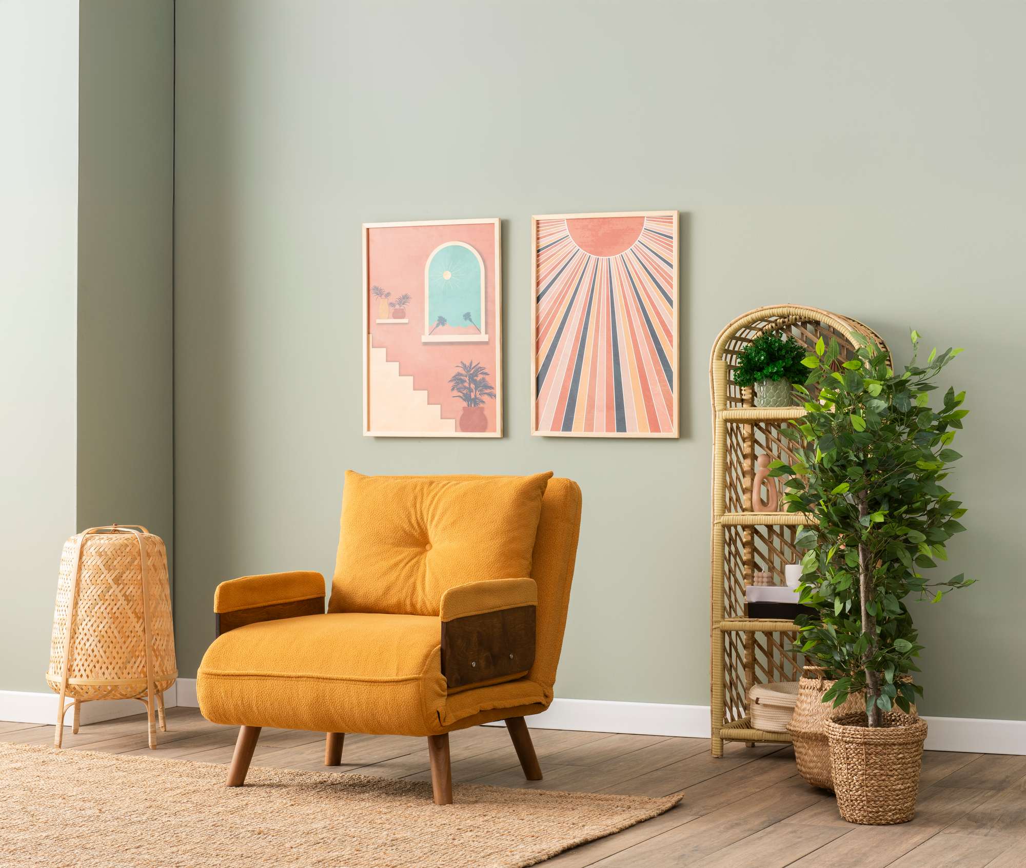 Sofá-cama moderno de 1 lugar, mostarda, 77 x 70 x 82 cm | Estrutura 100% metálica, encosto ajustável em 14 níveis | Elegante e funcional para espaços pequenos