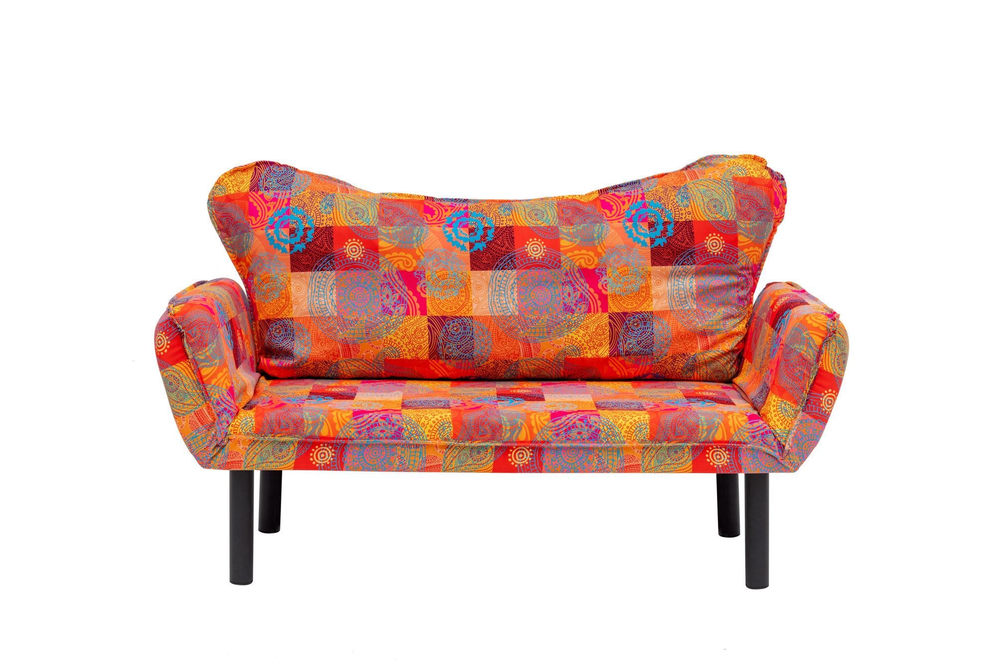 Sofá-cama elegante de 2 lugares, tecido digital patchwork, 150 cm de largura | Estrutura 100% metálica, apoio de braço ajustável, capacidade para 200 kg | Perfeito para decoração boêmia e do sudoeste