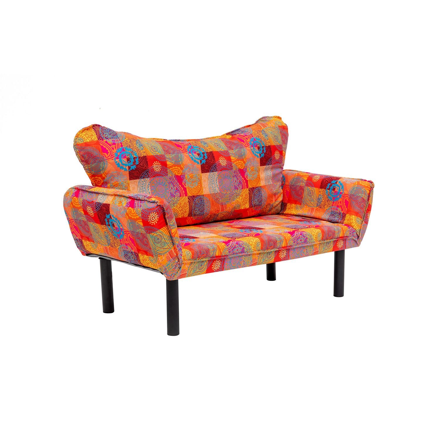 Sofá-cama elegante de 2 lugares, tecido digital patchwork, 150 cm de largura | Estrutura 100% metálica, apoio de braço ajustável, capacidade para 200 kg | Perfeito para decoração boêmia e do sudoeste