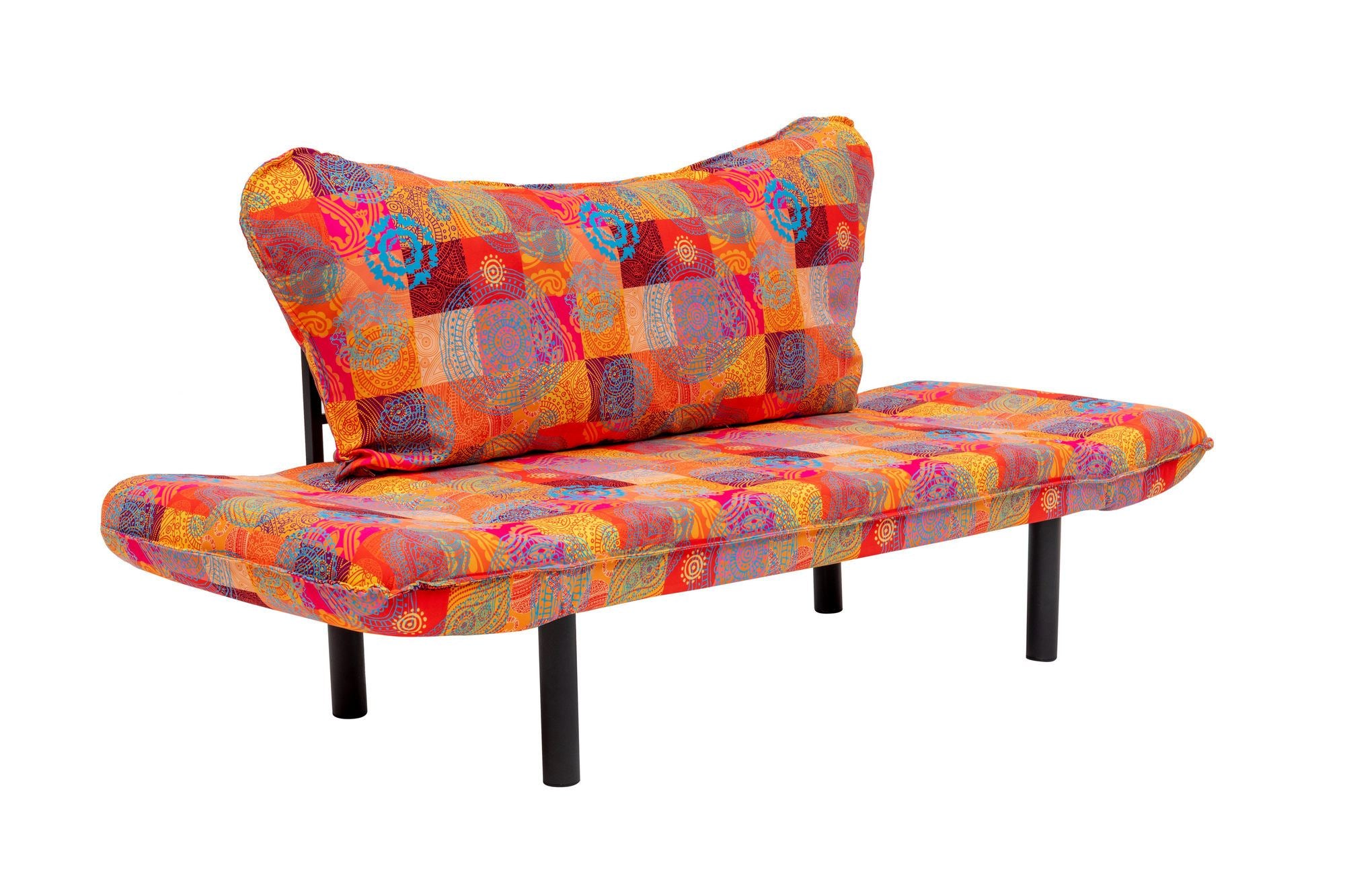 Sofá-cama elegante de 2 lugares, tecido digital patchwork, 150 cm de largura | Estrutura 100% metálica, apoio de braço ajustável, capacidade para 200 kg | Perfeito para decoração boêmia e do sudoeste