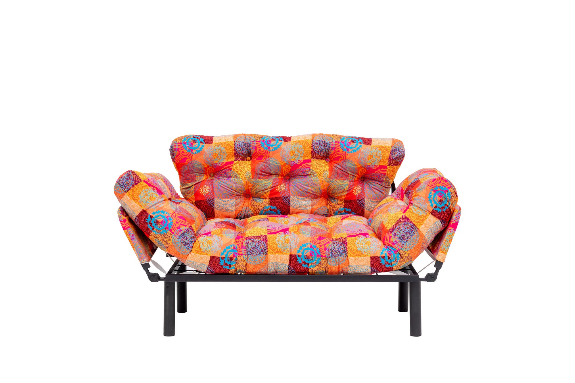Sofá-cama elegante de 2 lugares, tecido digital patchwork, 155 cm | Estrutura 100% metálica, braços ajustáveis em 14 níveis | Design boêmio, perfeito para espaços de entretenimento