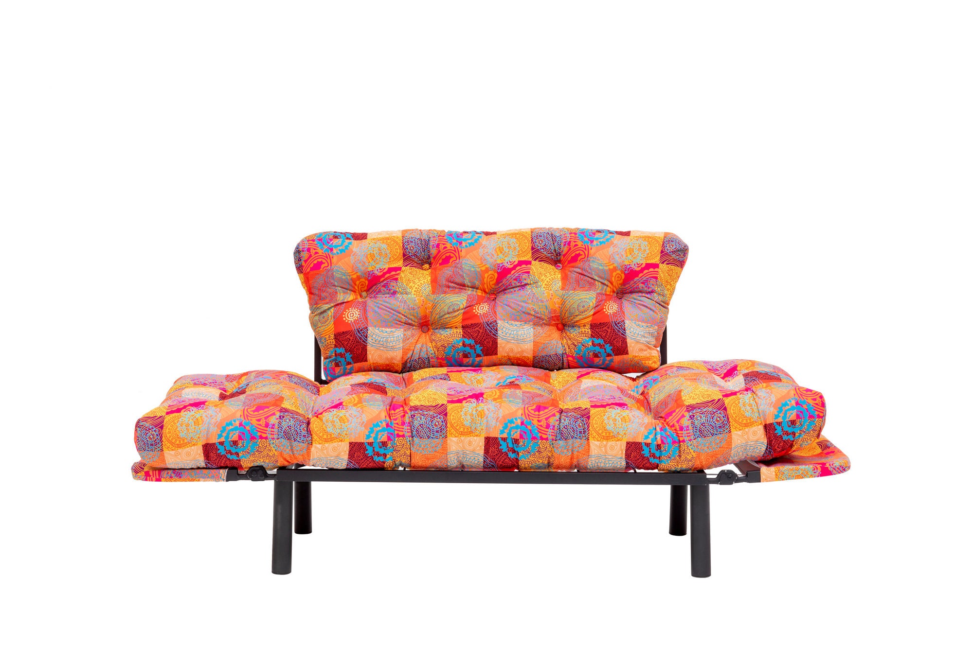 Sofá-cama elegante de 2 lugares, tecido digital patchwork, 155 cm | Estrutura 100% metálica, braços ajustáveis em 14 níveis | Design boêmio, perfeito para espaços de entretenimento