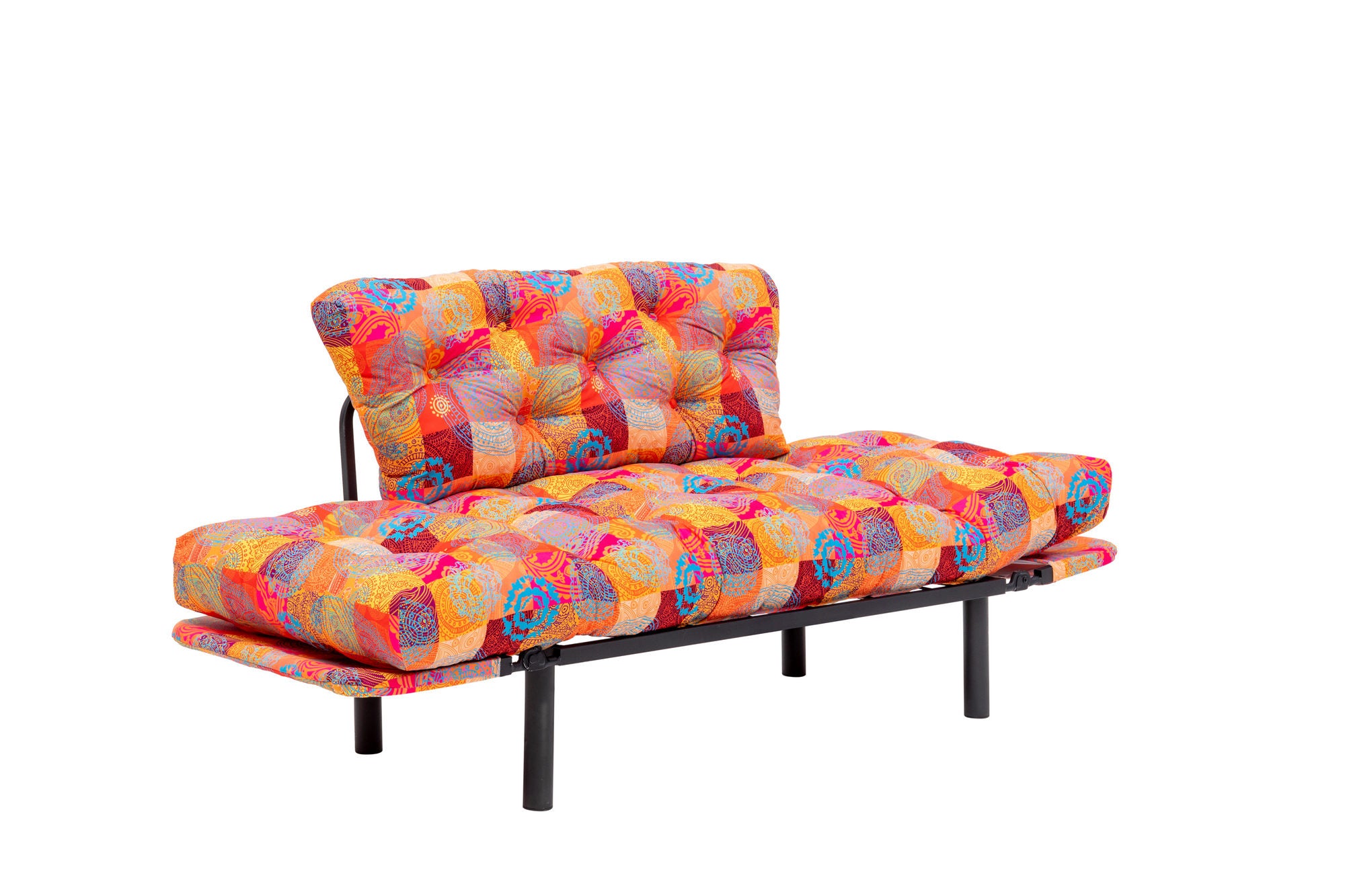 Sofá-cama elegante de 2 lugares, tecido digital patchwork, 155 cm | Estrutura 100% metálica, braços ajustáveis em 14 níveis | Design boêmio, perfeito para espaços de entretenimento