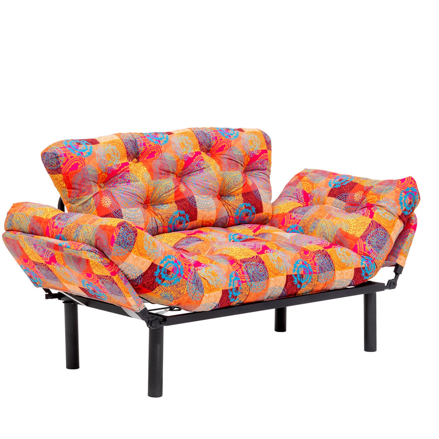 Sofá-cama elegante de 2 lugares, tecido digital patchwork, 155 cm | Estrutura 100% metálica, braços ajustáveis em 14 níveis | Design boêmio, perfeito para espaços de entretenimento