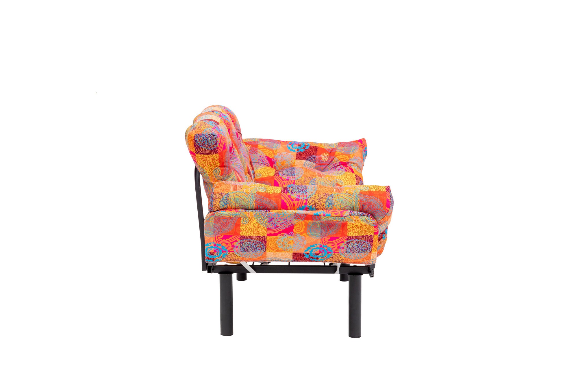 Sofá-cama elegante de 2 lugares, tecido digital patchwork, 155 cm | Estrutura 100% metálica, braços ajustáveis em 14 níveis | Design boêmio, perfeito para espaços de entretenimento