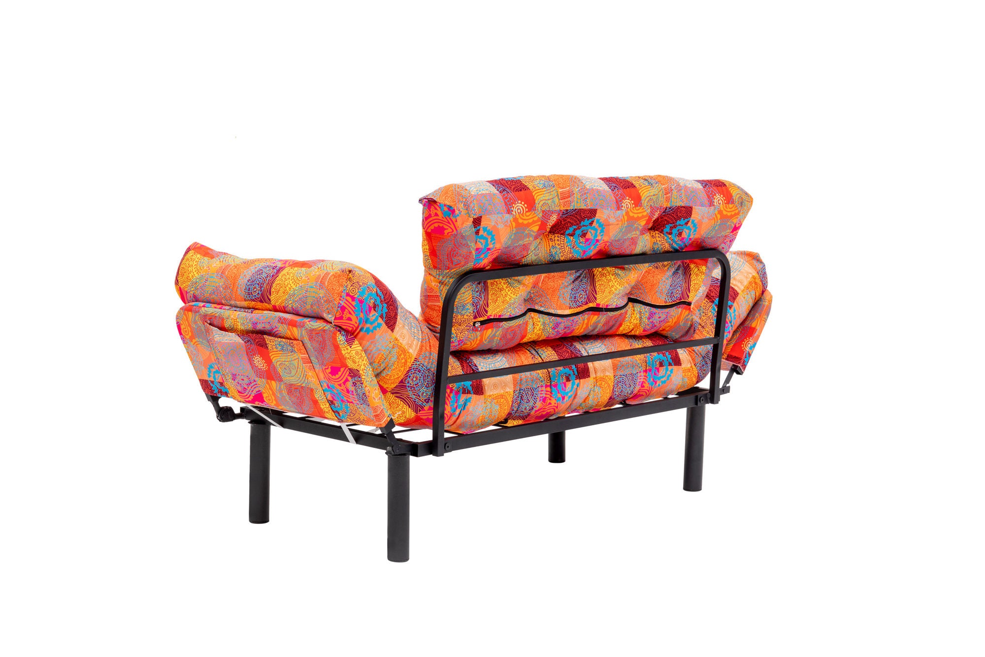Sofá-cama elegante de 2 lugares, tecido digital patchwork, 155 cm | Estrutura 100% metálica, braços ajustáveis em 14 níveis | Design boêmio, perfeito para espaços de entretenimento