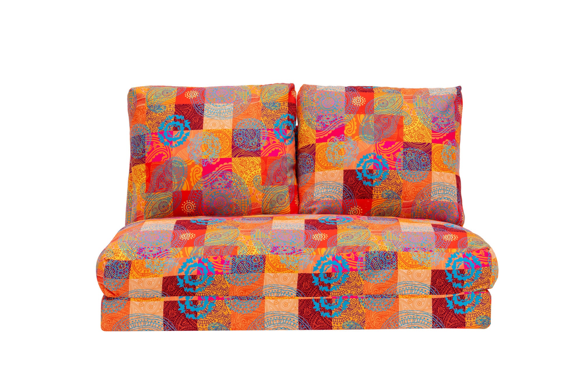 Sofá-cama elegante de 2 lugares, estrutura de metal, tecido patchwork | Encosto ajustável em 14 níveis, converte-se facilmente | Peso máximo de 200 kg | Design boêmio