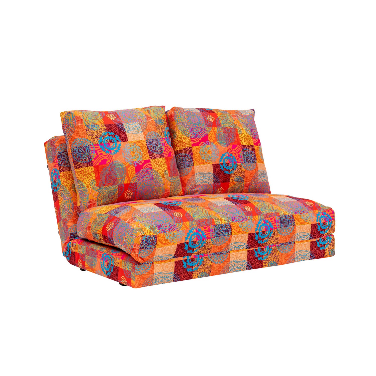 Sofá-cama elegante de 2 lugares, estrutura de metal, tecido patchwork | Encosto ajustável em 14 níveis, converte-se facilmente | Peso máximo de 200 kg | Design boêmio